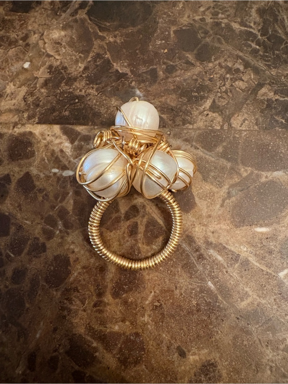 Gold Wire-Wrap Ring with White Pearl Cluster